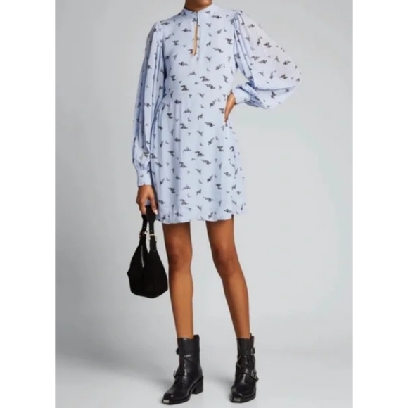 Ganni Georgette Blue Long Sleeve Keyhole Dress Size 8 - Picture 1 of 9